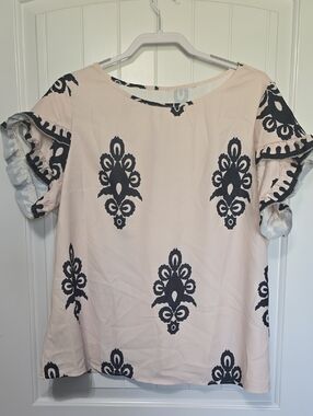 SHEIN Cresm Blouse with Black Medallion Print and Ruffle Trim